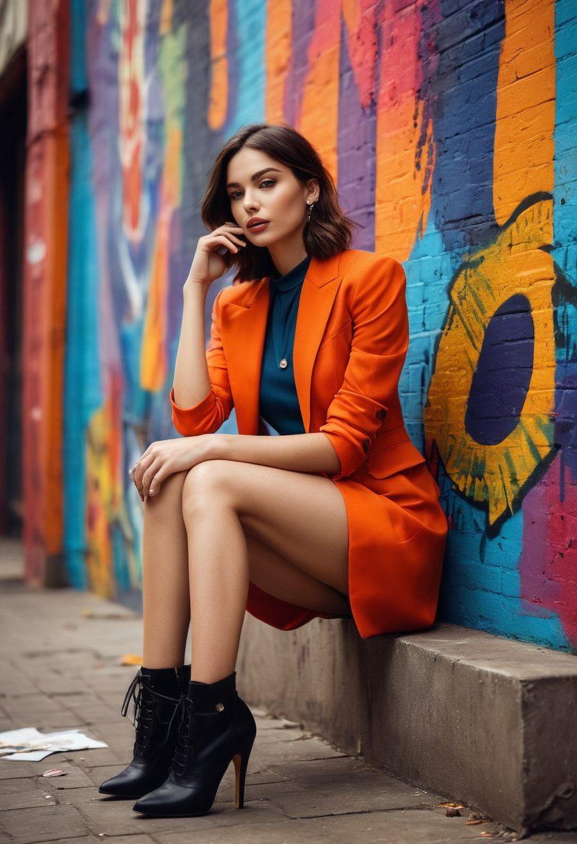 A captivating scene of a stylish photo shoot set in an urban environment, showcasing a confident model striking an alluring pose. The composition emphasizes dramatic lighting, soft shadows, and bold contrasts, with props like vintage cameras and colorful fabrics scattered around. The background is adorned with street art and dynamic patterns, reflecting creativity and energy. Incorporate a sense of excitement and intrigue with vibrant colors and rich textures. super-realistic. dynamic angles. vibrant colors.